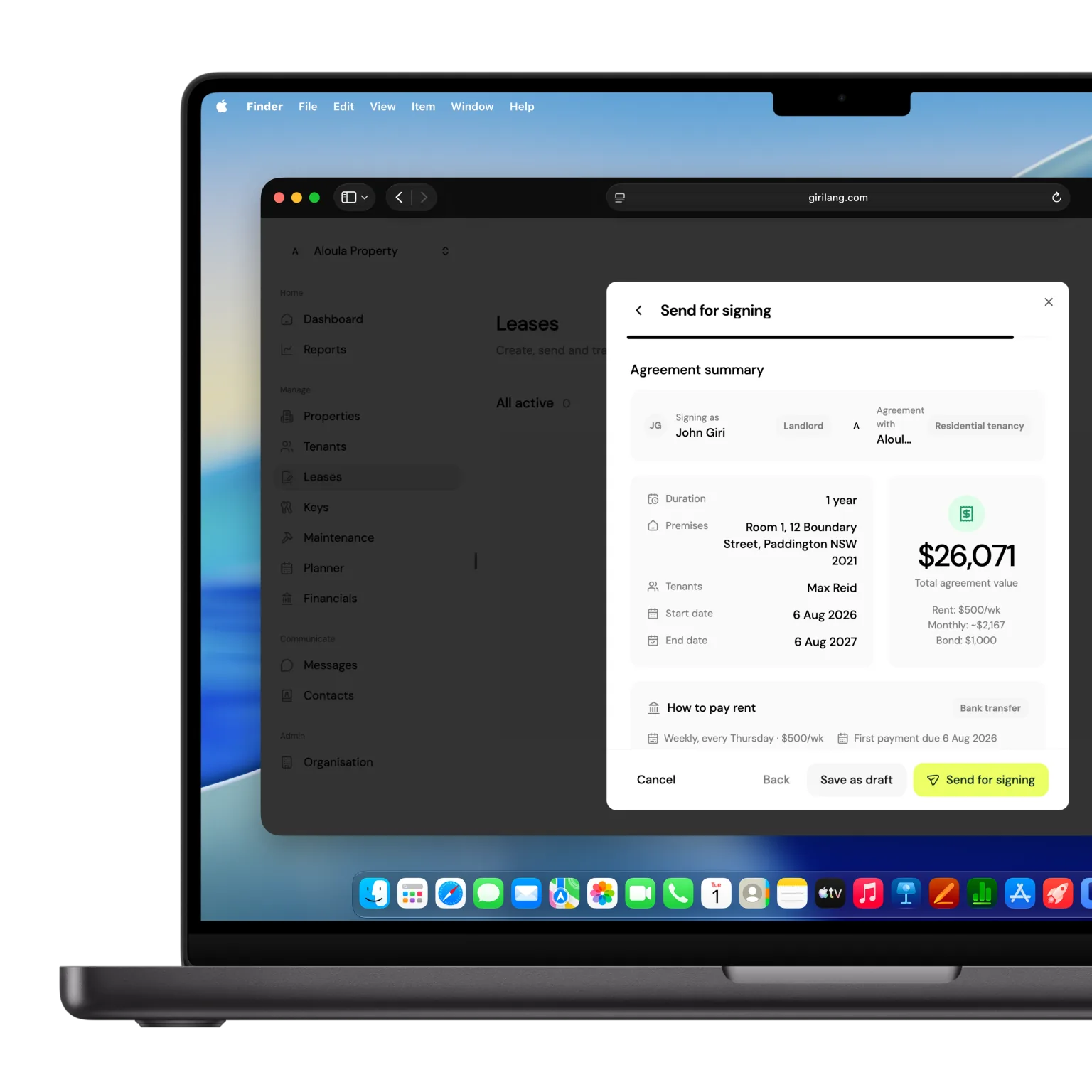 The Girilang lease agreement summary displayed on a MacBook, ready to send to the tenant for signing